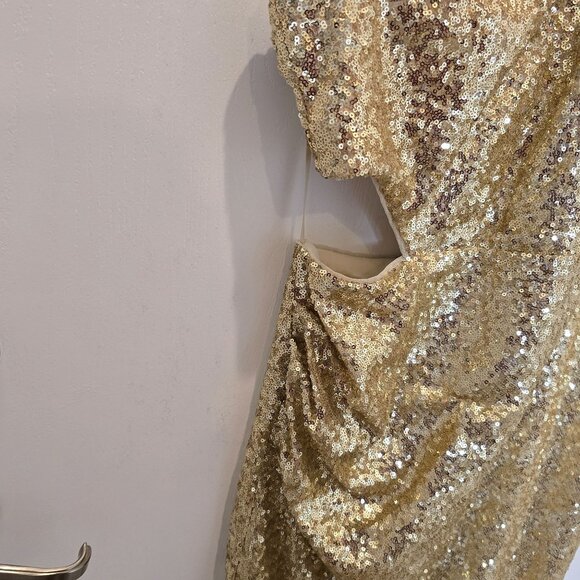BCBGMAXAZRIA Gold Sequin One-Shoulder Mini Dress Draped Detailing Side Cutout XL - Picture 6 of 16